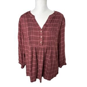 Wrangler Women's Plaid Pintuck Blouse 100% Viscose Brown Medium